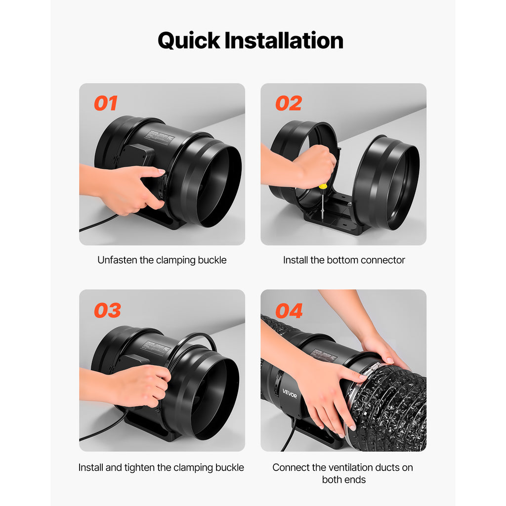VEVOR Inline Duct Fan, 4"/6"/8" Quiet Inline Exhaust Fan, 180/380/720 CFM Powerful AC Motor Ventilation Fan, for Cooling Boost, High Airflow, Indoor Grow Tent Basement Hydroponic Ventilation Blower