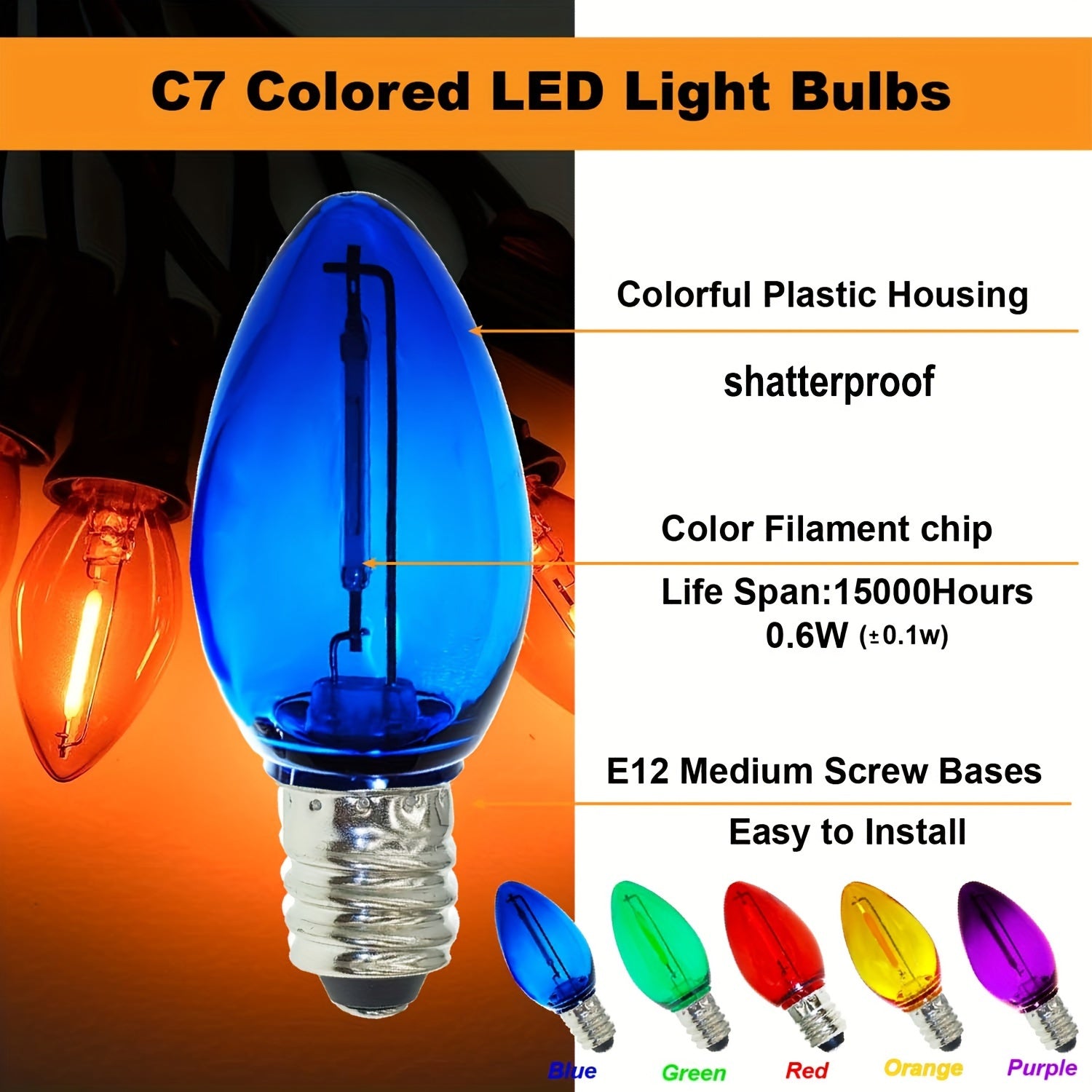 25个C7 LED圣诞灯泡套装，防碎，适用于室内串灯，采用E12烛台灯座
