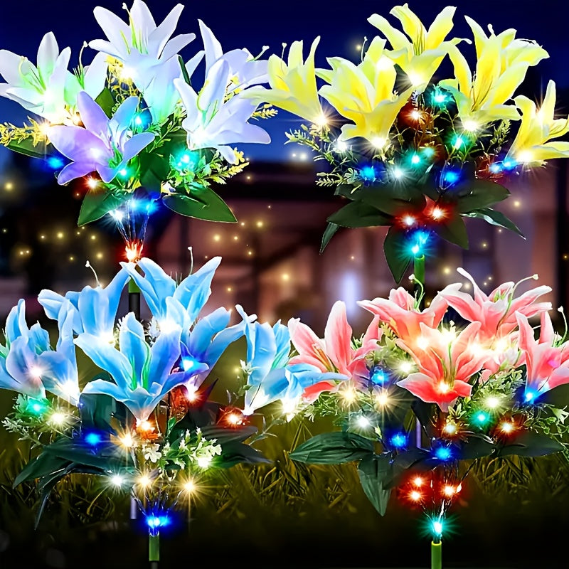 4pcs Solar 7 Lily Flower Light LED Outdoor Artificial Flower Light Solar Garden Light Outdoor Decoration for Courtyard, Garden, Path, Backyard, Lawn Ground Insert Light