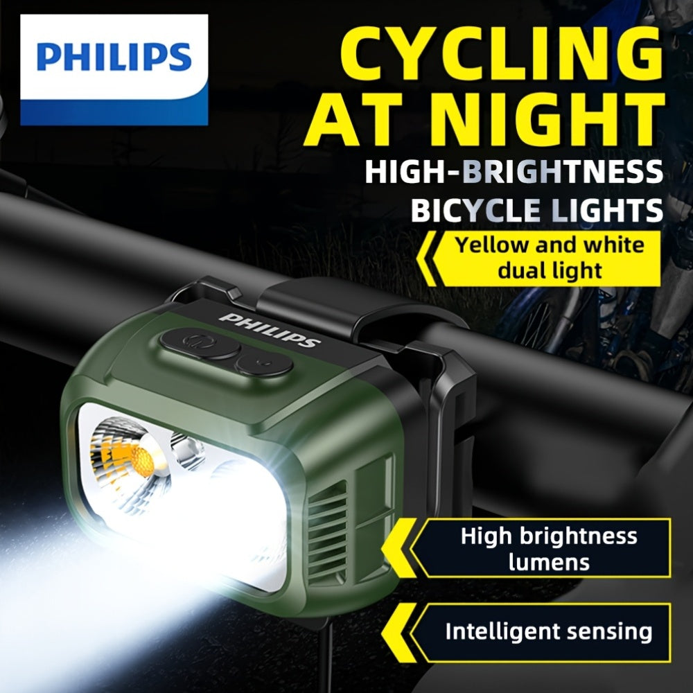 1P Philips Bike Headlight & Camping Light, Warm White Dual Light Modes, Multi-Level Dimming, Smart Motion Sensor, Wave Activated On/Off, Red & Blue Warning Light Function, Large Capacity Battery Long Endurance