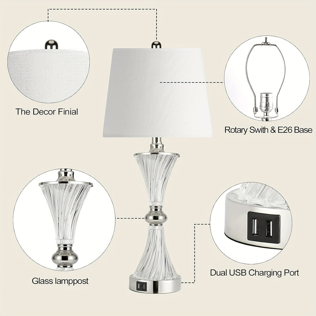 Touch control table lamp for bedroom, 3-way dimmable white drum shade modern bedside night light set of 2 with 2 USB charging ports (bulbs included)