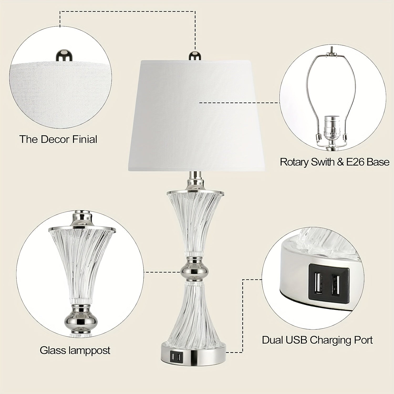 Touch control table lamp for bedroom, 3-way dimmable white drum shade modern bedside night light set of 2 with 2 USB charging ports (bulbs included)