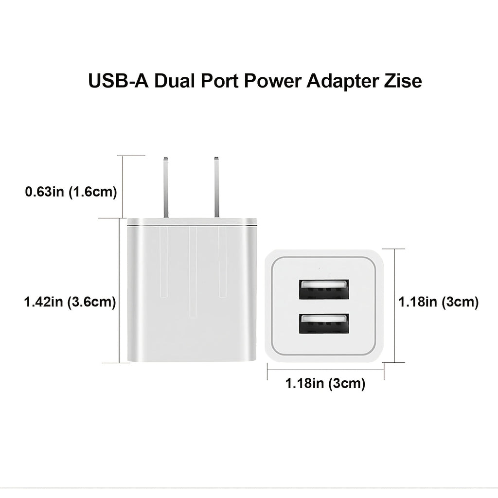 10W Dual-Port Wall Charger Adapter, USB Converter, Small Device Charger Adapter USB Converter for iPhone 15-17 iPad Pro Samsung Galaxy with 47.24inch USB A-C Cable 3/4pcs