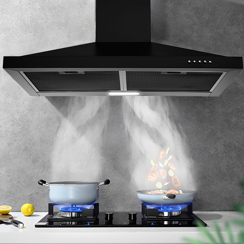 Wall-Mounted Chimney Style, Black Painted Ventilation Chimney, 3-Speed Exhaust Fan, LED Light, Push-Button Control, 450CFM Strong Suction, 3 Sizes [24", 30", 36"]