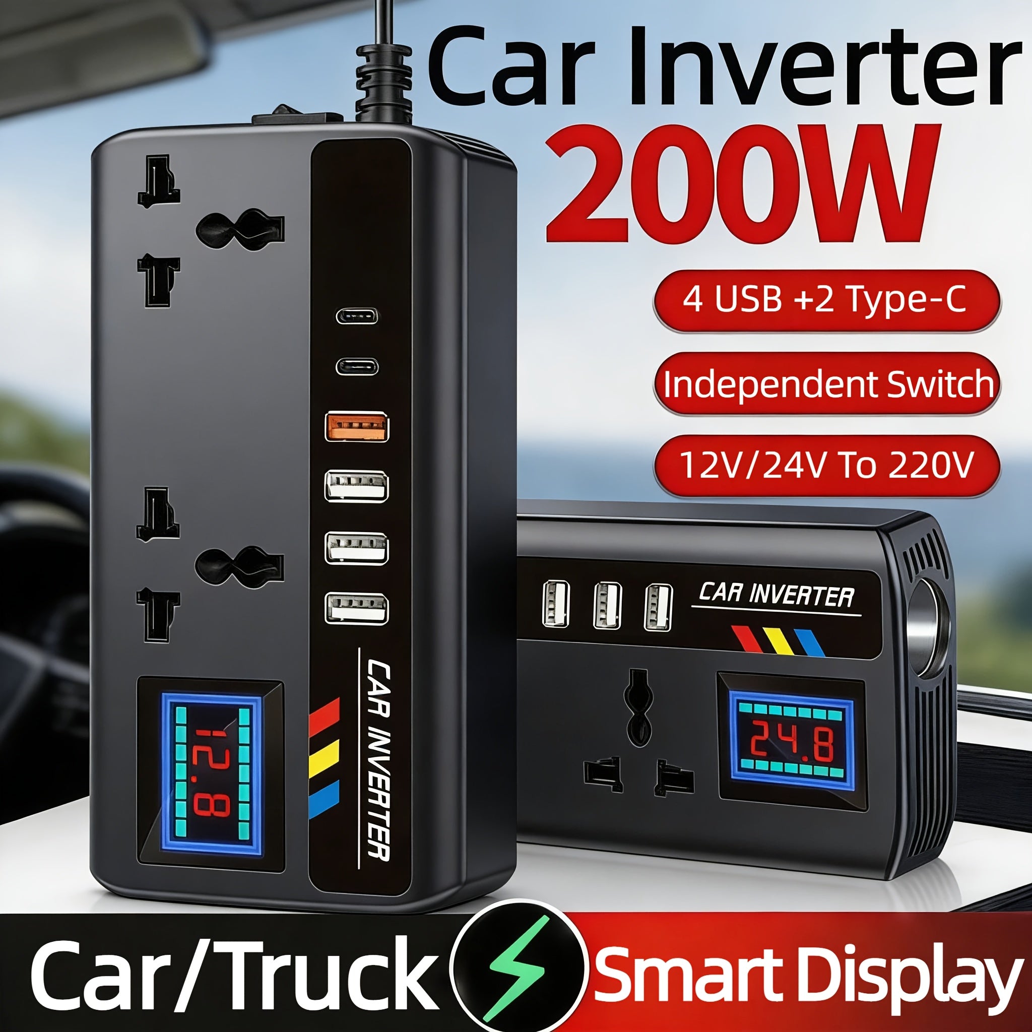 200W车载逆变器，直流12V/24V转交流110V/220V汽车电源转换器，配备4个USB接口+2个Type-C接口、2个通用输出插座，带智能显示屏，是轿车、房车及卡车的必备品
