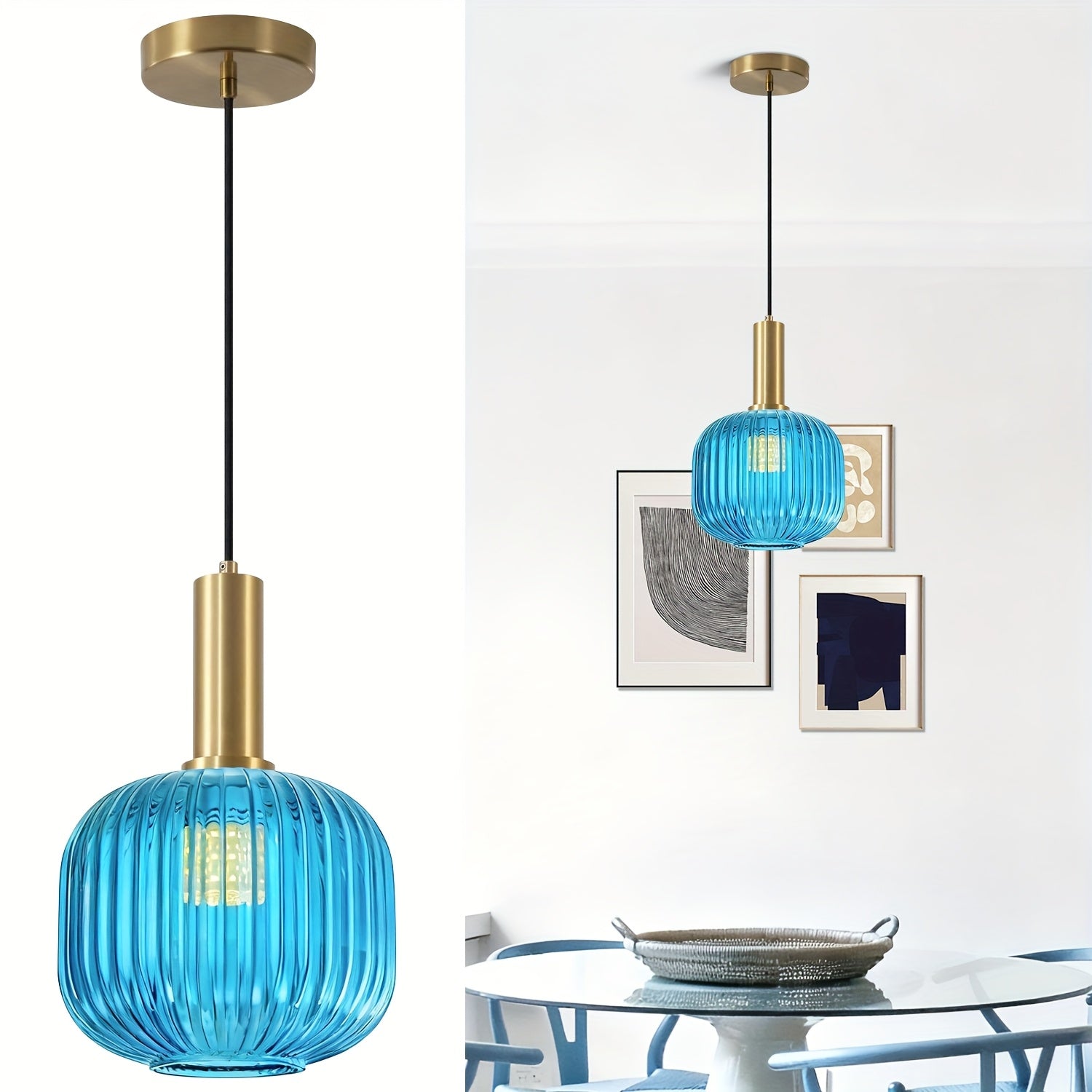 Blue glass modern minimalist pendant light, suitable for dining room, living room, kitchen, bulb not included