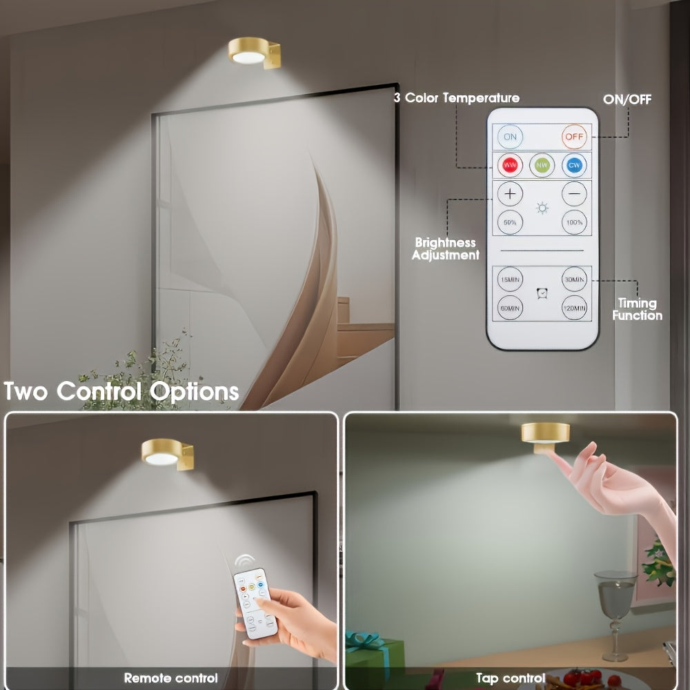 Gold/Black Wall Spotlight Fixture, Battery Operated (Batteries Not Included), Remote and Touch Control, LED Display Light, 3-Color Temperature Adjustable and Timer Picture Light, for Framed Art Portraits, Home Wall Decoration Display Light