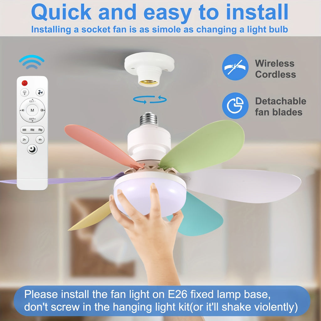 20.5/16.5 Inch White Multi-Color Flush Mount Ceiling Fan Light with Remote, E27/E26 Base 6-Blade LED Fan Light, 3 Light Colors & 3 Wind Speeds, 40W Bulb Replacement Ceiling Fan Lamp Perfect for Bedroom Home Use