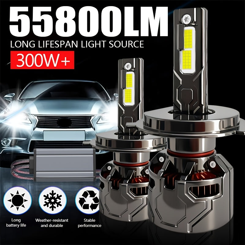 2-Pack Canbus LED Car Bulbs | Compatible with H1 H4 H7 9005/HB3 9006/HB4 H11 Headlights, 55800LM Brightness, High-Intensity 9570 CSP Chips, 300W+ White Light, Suitable for High Beam, Low Beam, Fog Light