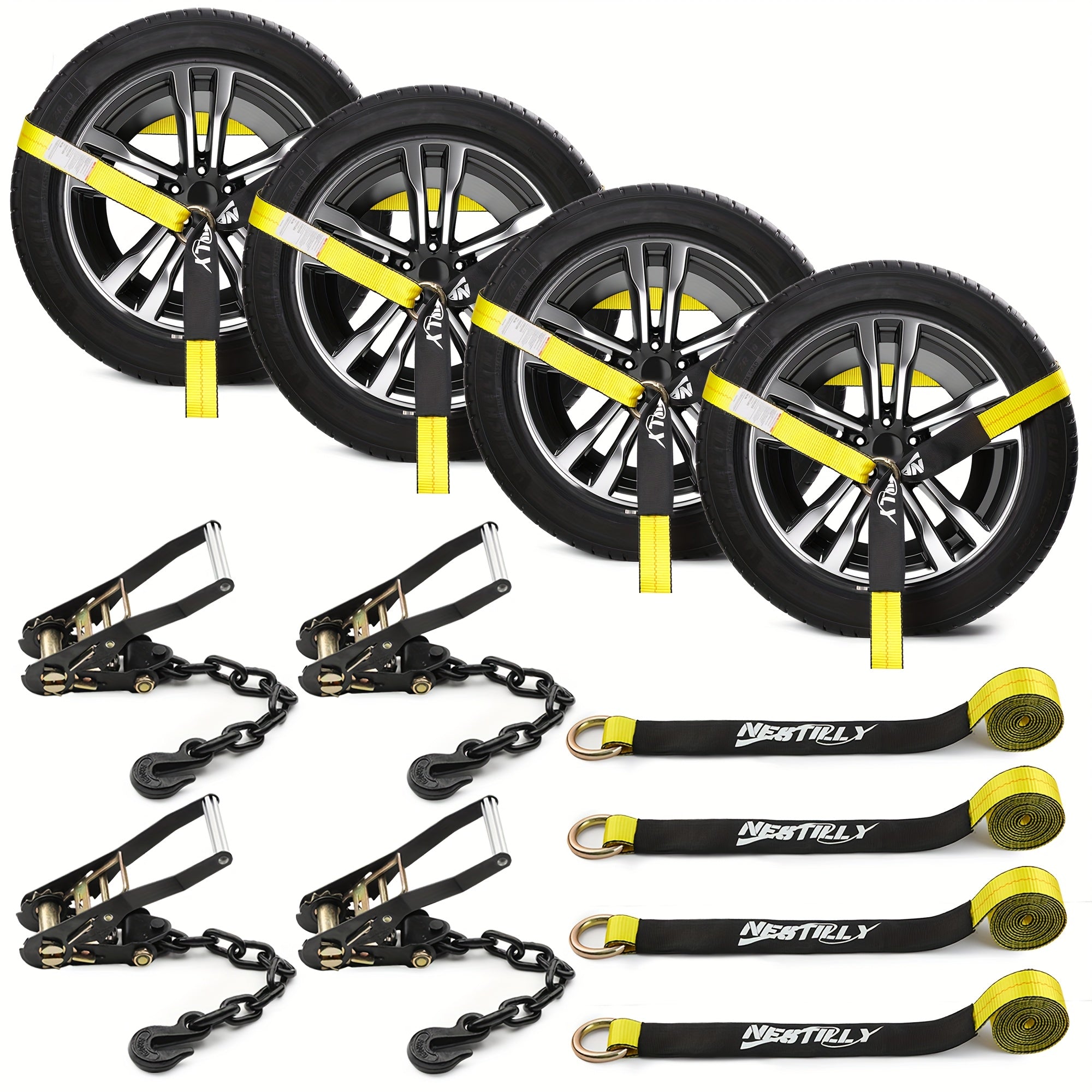 4-Pack Reflective Car Trailer Tie Down Straps - Tire Ratchet Straps with Chain Anchor Device - 2in x 8ft, 9900lb Break Strength - Lasso-Style Wheel Straps for Transporting ATVs, SUVs, Trucks