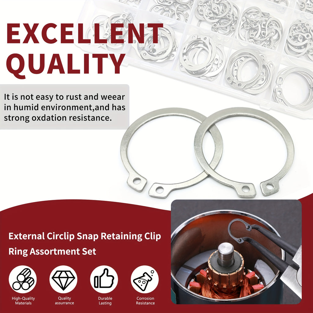 225-Piece External Retaining Ring Assortment, Includes 15 Sizes, Made of 304 Stainless Steel, Fits Shafts from M3 to M25.