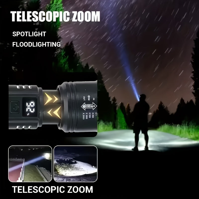 1 Set of 4 Rechargeable High-Power LED Flashlights with Zoom Focus, Ultra-Bright Long-Distance Beam, Tactical Work Light, Ideal for Camping, Hunting, Hiking & Emergency, LCD Digital Display, Perfect for Fishing