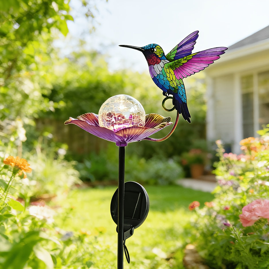 Hummingbird Glass Globe Flower Solar Outdoor Light, Beautiful Hummingbird Decorative Light, Fun Hummingbird Flower Glass Globe Light