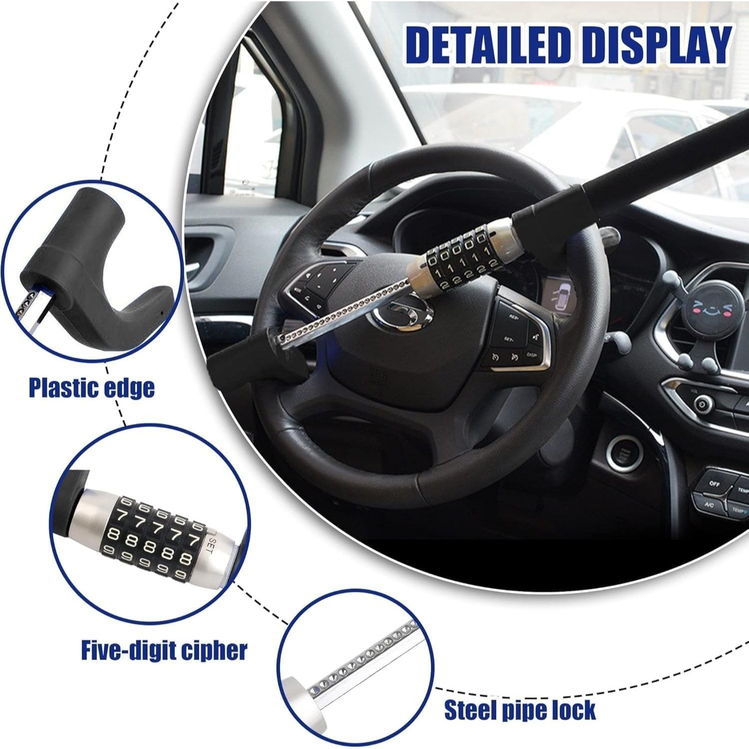 Steering Wheel Anti-Theft Lock – Vehicle Telescopic Heavy-Duty Security Lock, Keyless 5-Digit Combination Code, Universal Fit for Sedans, Trucks, Vans & SUVs (Includes One Pair of Gloves)