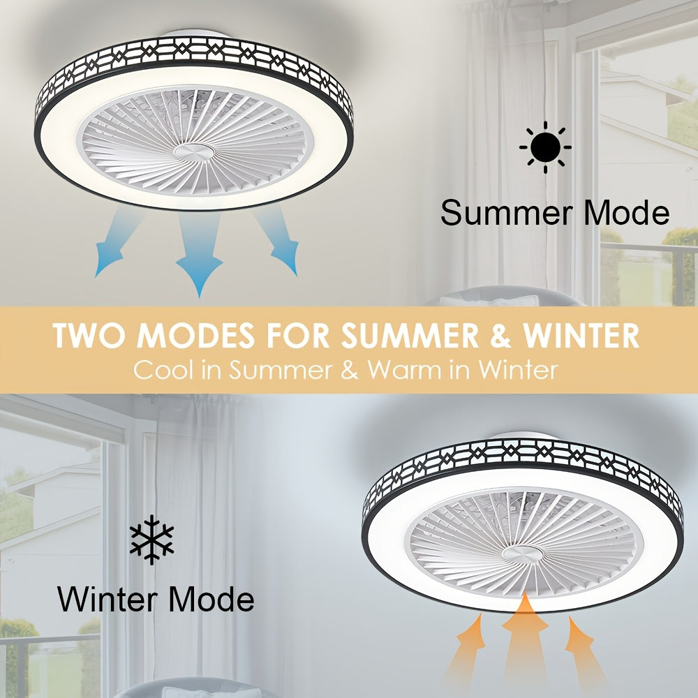 20 Inch Bladeless Ceiling Fan, Flush Mount Ceiling Fan, Low Profile Ceiling Fan, Reversible Dimmable Ceiling Fan, Silent Ceiling Fan, LED Stepless Dimming, 3 Color Temperature Adjustable and 4 Speed Levels