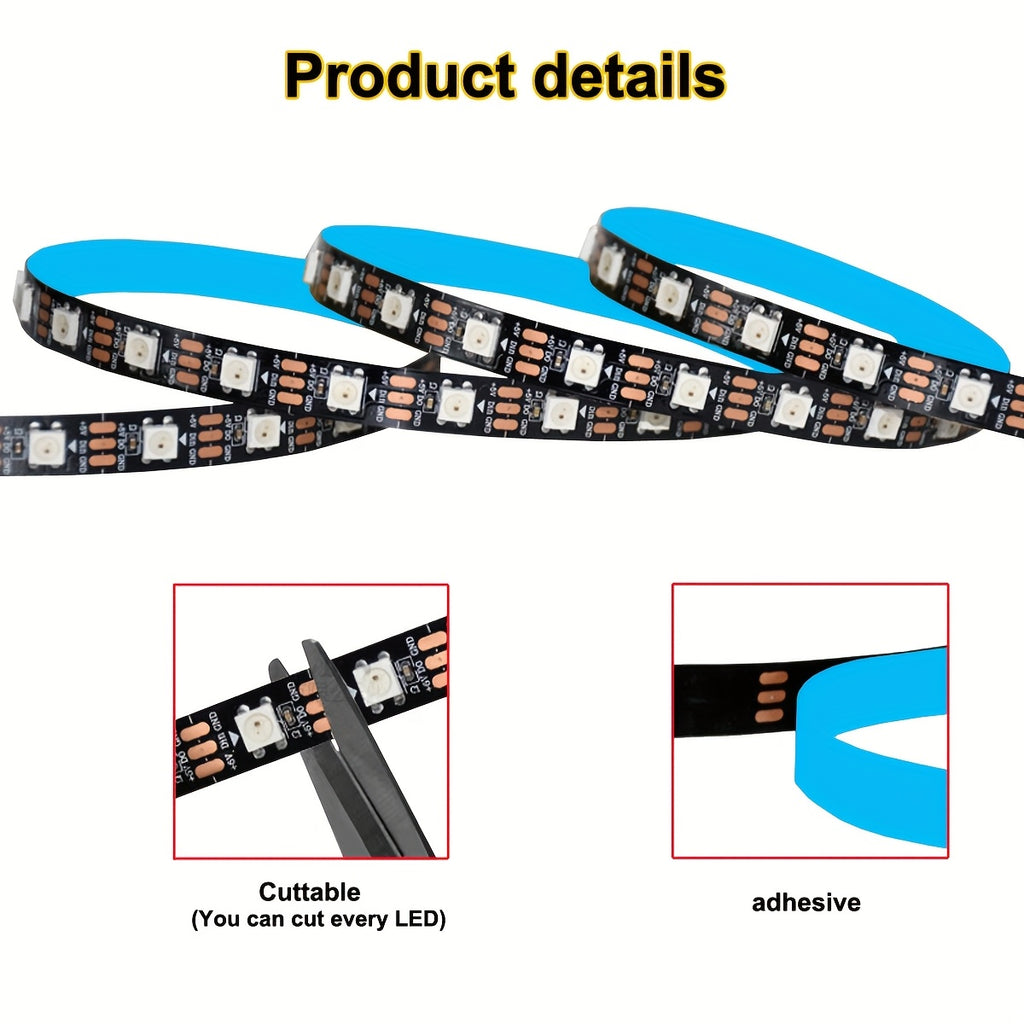 AOEVK 16.4Ft 智慧型 LED 燈條 5050 RGB+IC，具追蹤效果 - WS2812B 可獨立識別，USB 5V 每公尺 60 LED，電視背光燈 (適用於 50-85 吋螢幕)，適用於居家和牆面裝飾、萬聖節、聖誕節