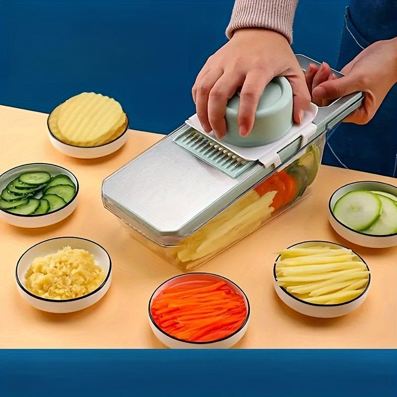 7Pcs Stainless Steel Multi-functional Vegetable Slicer and Grater Set, Interchangeable Blades, Manual Kitchen Gadget Kit, Ideal for Potato, Carrot, Cucumber