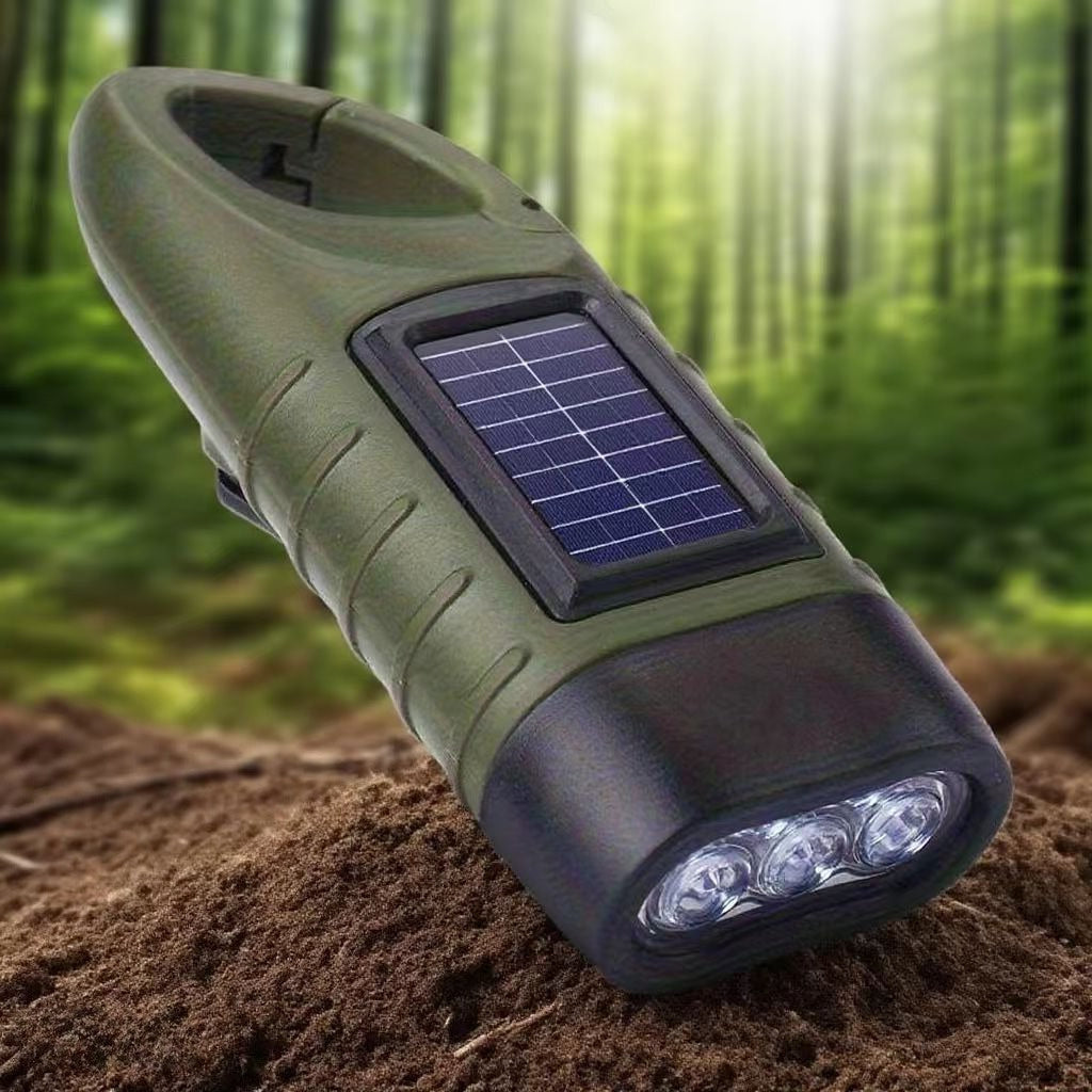 Hand Crank Solar Manual Power Flashlight Rechargeable LED Emergency Light Hand Crank & Solar Function Portable Backpack Flashlight IP66 Waterproof Outdoor Survival Gear