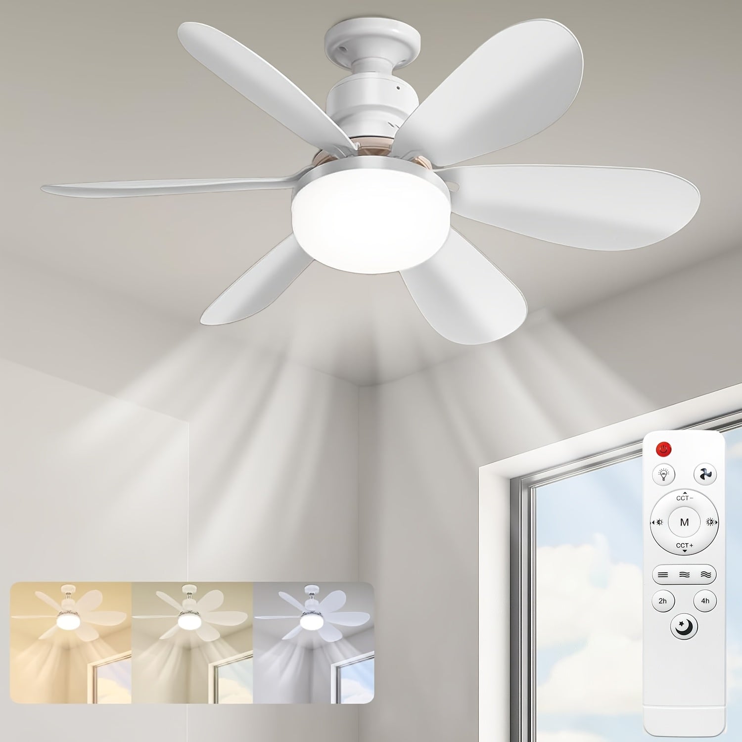 Remote Control Ceiling Fan Light, Integrated LED Lighting & Fan, 3-Speed Quiet Wind and 3 Color Temperature Adjustment 3000K-4500K-6500K, Tool-Free Installation & Timing Function, E26/E27 Interface 6-Blade Fan Light