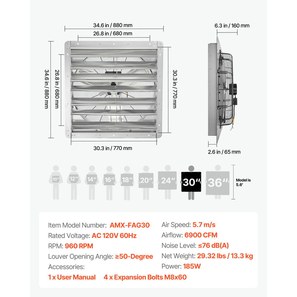VEVOR 30"/36" Shutter Exhaust Fan, Wall-Mounted Attic Vent Fan, AC Motor, Heavy-Duty Steel Construction, Low Noise, for Shed, Garage, Greenhouse Ventilation & Cooling, Silver