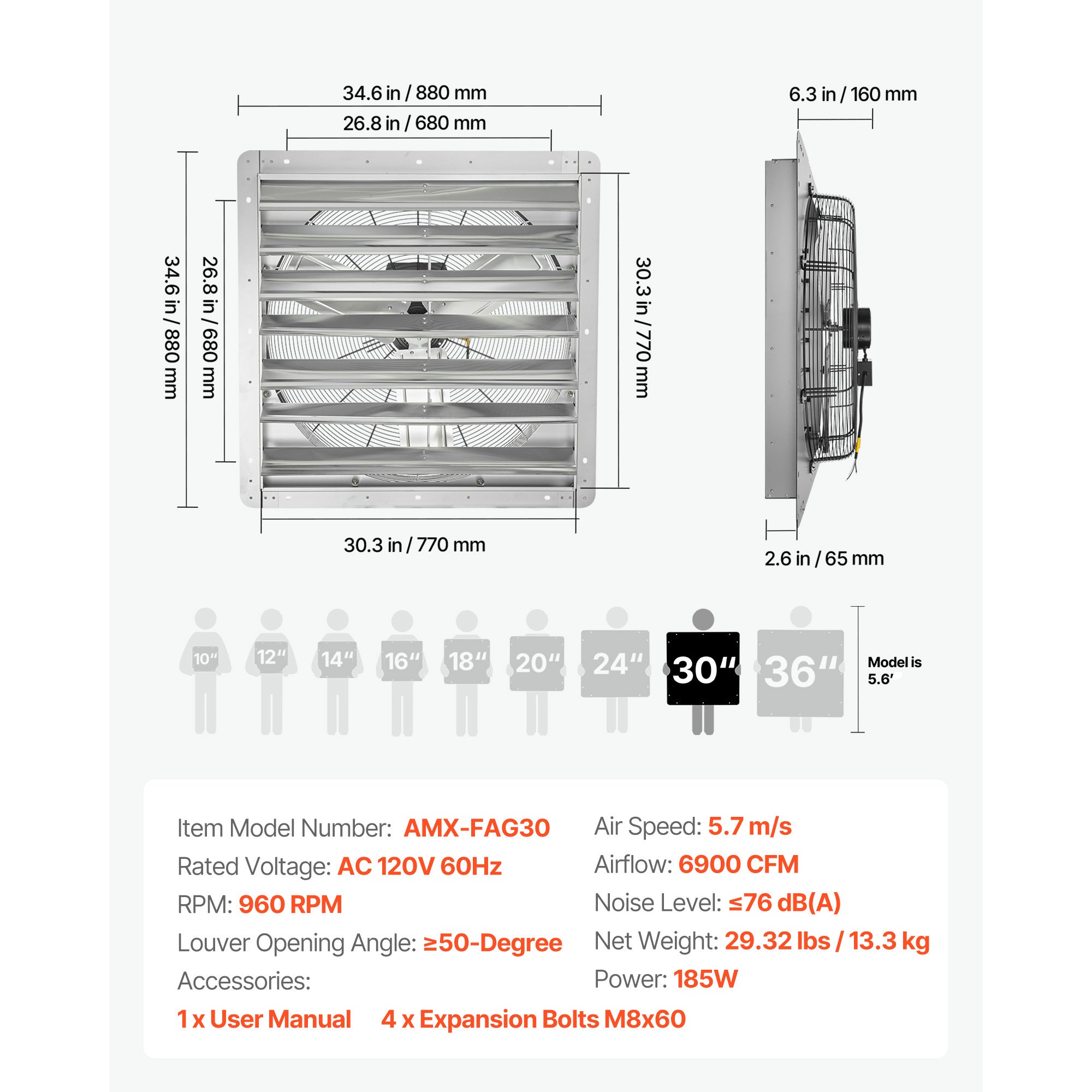 VEVOR 30"/36" Shutter Exhaust Fan, Wall-Mounted Attic Vent Fan, AC Motor, Heavy-Duty Steel Construction, Low Noise, for Shed, Garage, Greenhouse Ventilation & Cooling, Silver