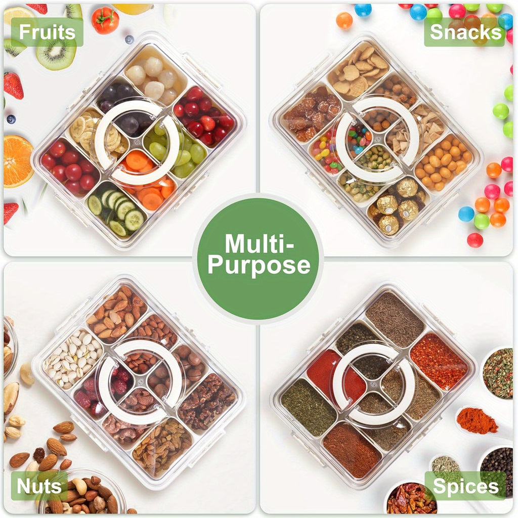 1/2 Pack Divided Tray with Lid and Handle, 8-Grid Freezer Plastic Snack Box, Transparent Portable Snack Box with Buckle Lid, Perfect for Fruits, Vegetables, Salad, Nuts, Ideal for Travel, Camping, Picnic and Lunch Box Organization