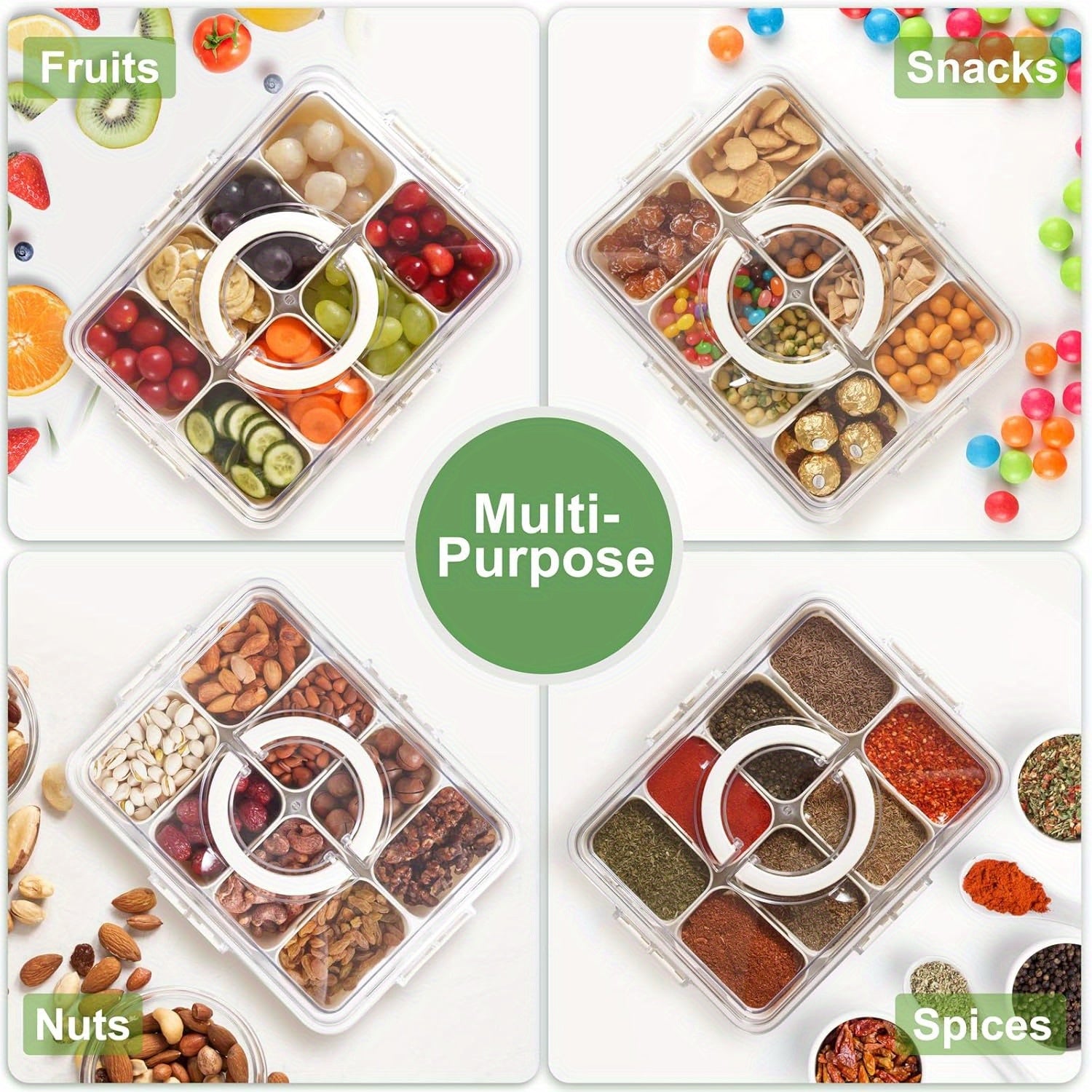 1/2 Pack Divided Tray with Lid and Handle, 8-Grid Freezer Plastic Snack Box, Transparent Portable Snack Box with Buckle Lid, Perfect for Fruits, Vegetables, Salad, Nuts, Ideal for Travel, Camping, Picnic and Lunch Box Organization