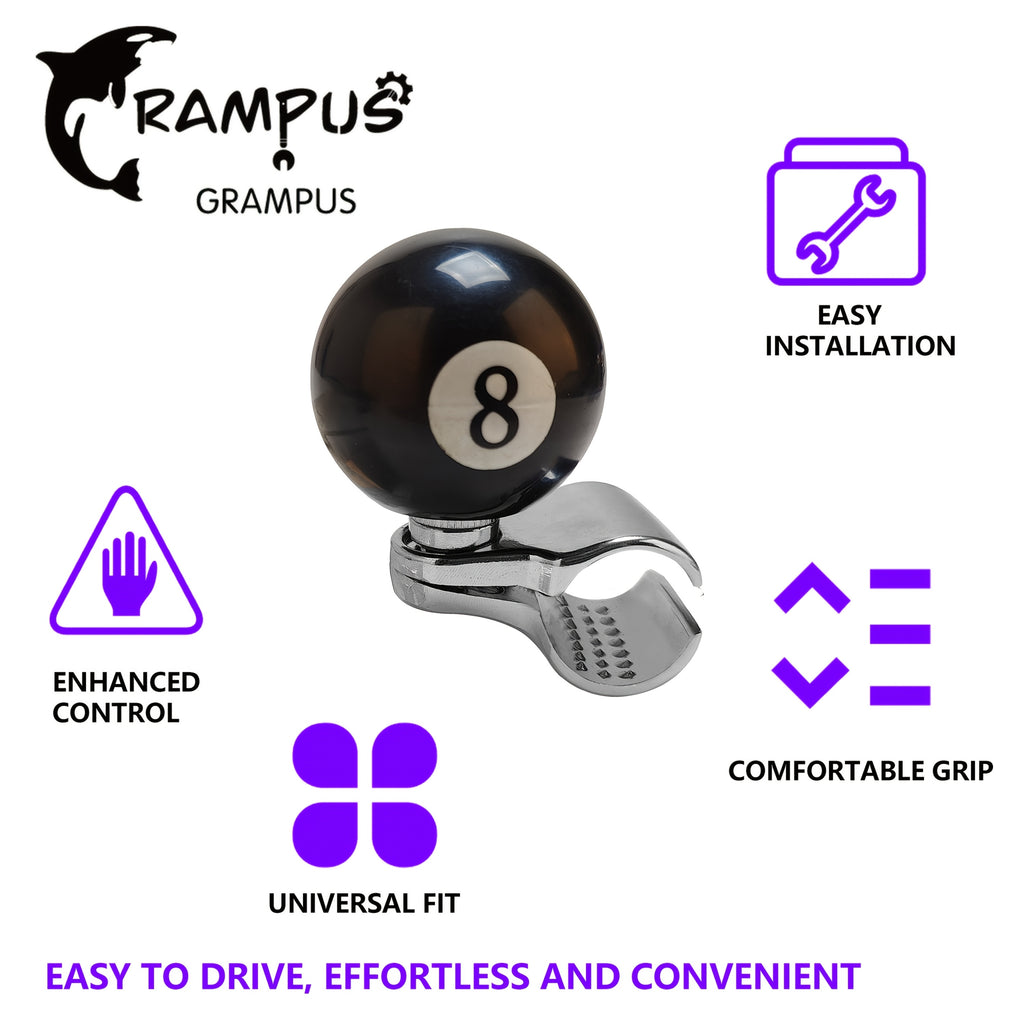 GRAMPUS 8-Ball Steering Wheel Knob Spinner – 360° Smooth Rotation, One-Hand Driving & Reversing Control, Stainless Steel & Resin, Black with White Number 8 Design, for Boats & Tractors