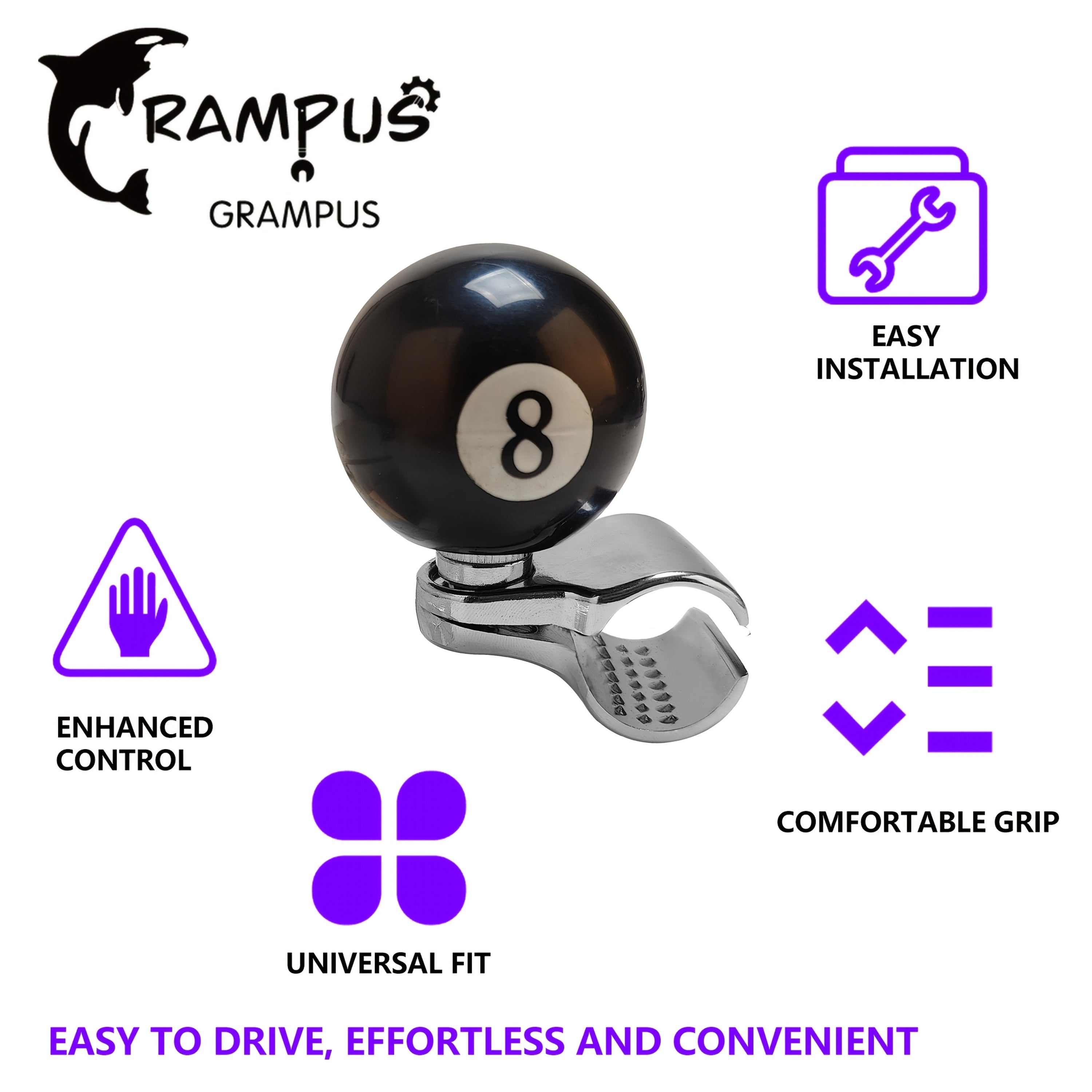 GRAMPUS 8-Ball Steering Wheel Knob Spinner – 360° Smooth Rotation, One-Hand Driving & Reversing Control, Stainless Steel & Resin, Black with White Number 8 Design, for Boats & Tractors