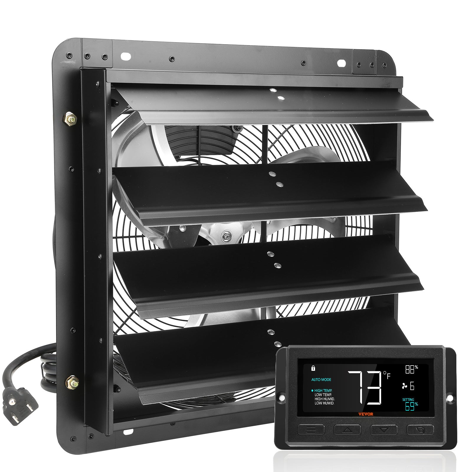 VEVOR Shutter Exhaust Fan, 12''/14''/16'' with Temperature and Humidity Controller, EC Motor, 940 CFM/1513 CFM/1747 CFM, 10-Speed Wall Mount Attic Fan for Greenhouse, Garage, Shed Ventilation and Cooling