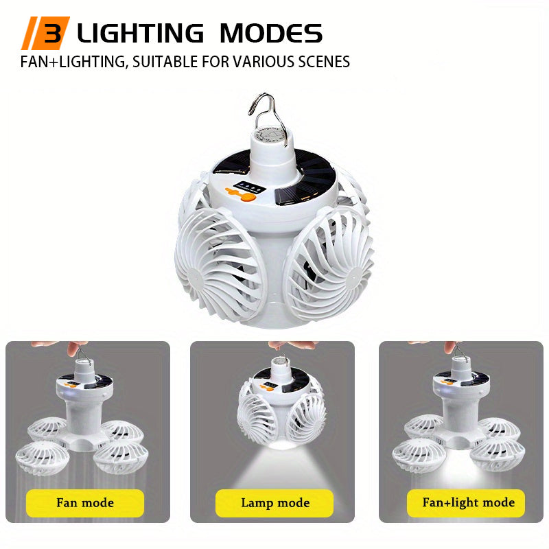 Solar Rechargeable Camping Light with Fan Function, Portable Foldable Flashlight, Hook Design, 3 Lighting Modes, Emergency Light for Night Fishing, Camping and Travel