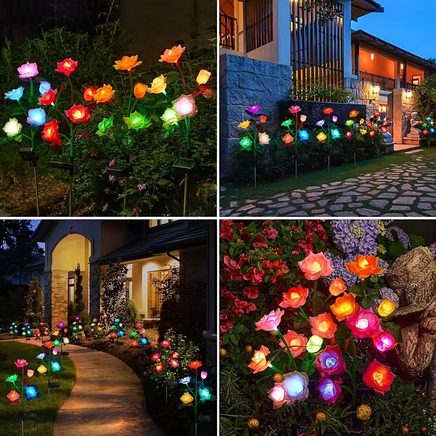 4pcs Solar 5-Rose Flower Light with 20 Flowers LED Artificial Flower Light Outdoor Decoration Courtyard, Garden, Path, Front Door, Lawn Ground Insert Flower Light Gift for Mom's Birthday