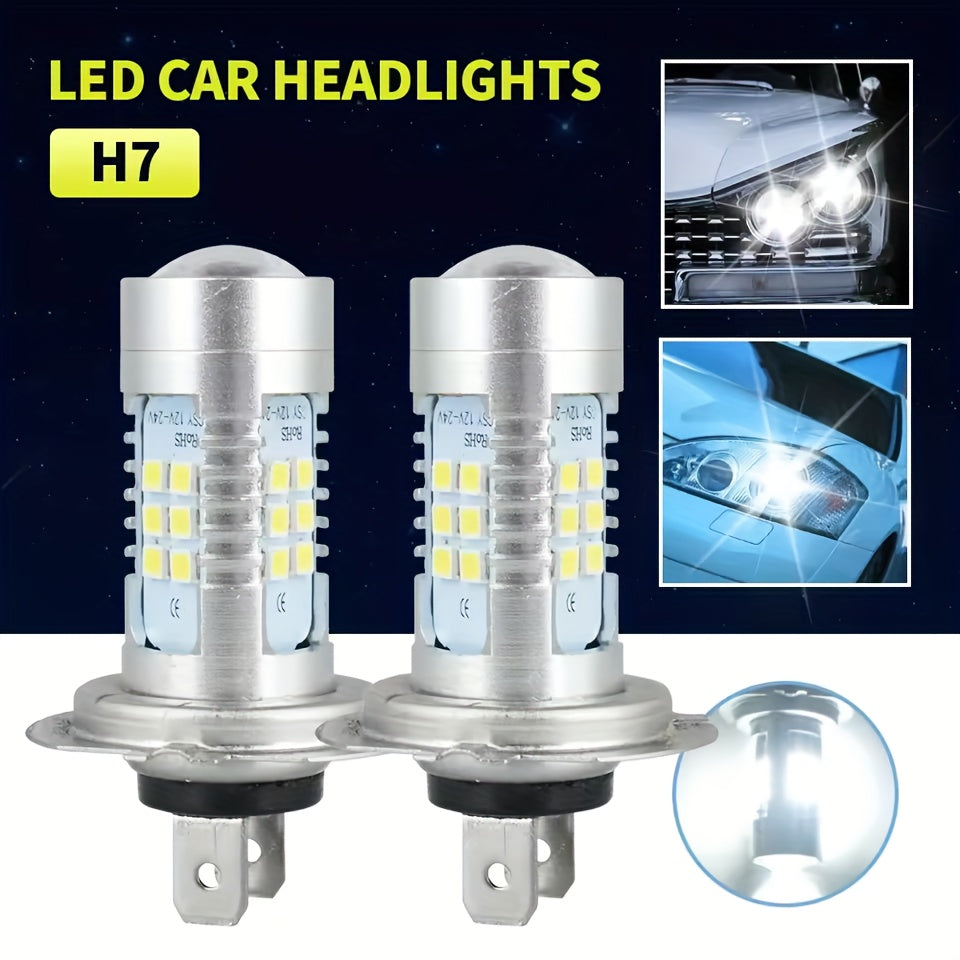2Pcs H7 LED Headlight Bulbs - 6000K Super White, 12V/24V Compatible, High/Low Beam, Auto DRL, Enhanced Visibility and Safety, Vehicle Lighting Upgrade, Stylish Bulb Design, Durable Bulb Structure, No Battery