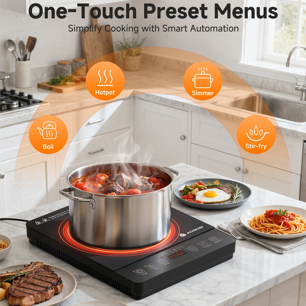 AOBOSI 1800W Portable Induction Cooktop, Single Burner Countertop Stove, LCD Screen, 17 Power Levels / 20 Temperature Settings