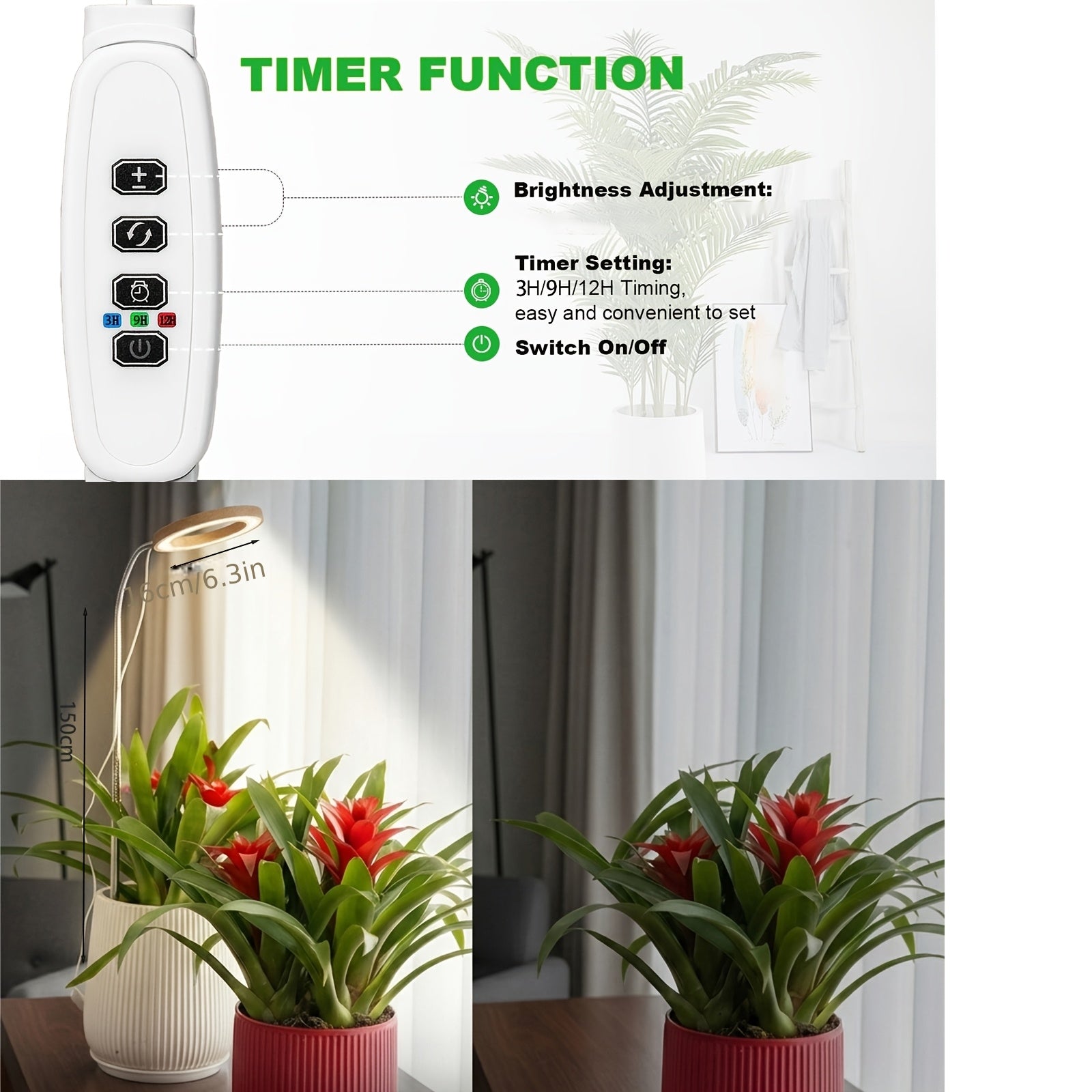 Indoor Plant Grow Light, 72 LED Ceiling Mount Full Spectrum Plant Lamp, 3/9/12H Auto Cycle Timer, 10 Levels Dimmable Brightness, Perfect for Small Plants