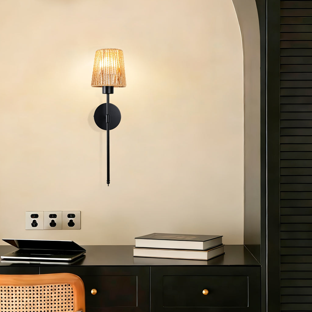 Pair of Battery Operated Wall Lights with Remote Control, Rechargeable Rattan Design, Includes Bulbs and Charging Cable, Wireless Woven Bamboo Lantern, Perfect for Bohemian Style Lighting in Bedroom, Living Room and Hallway