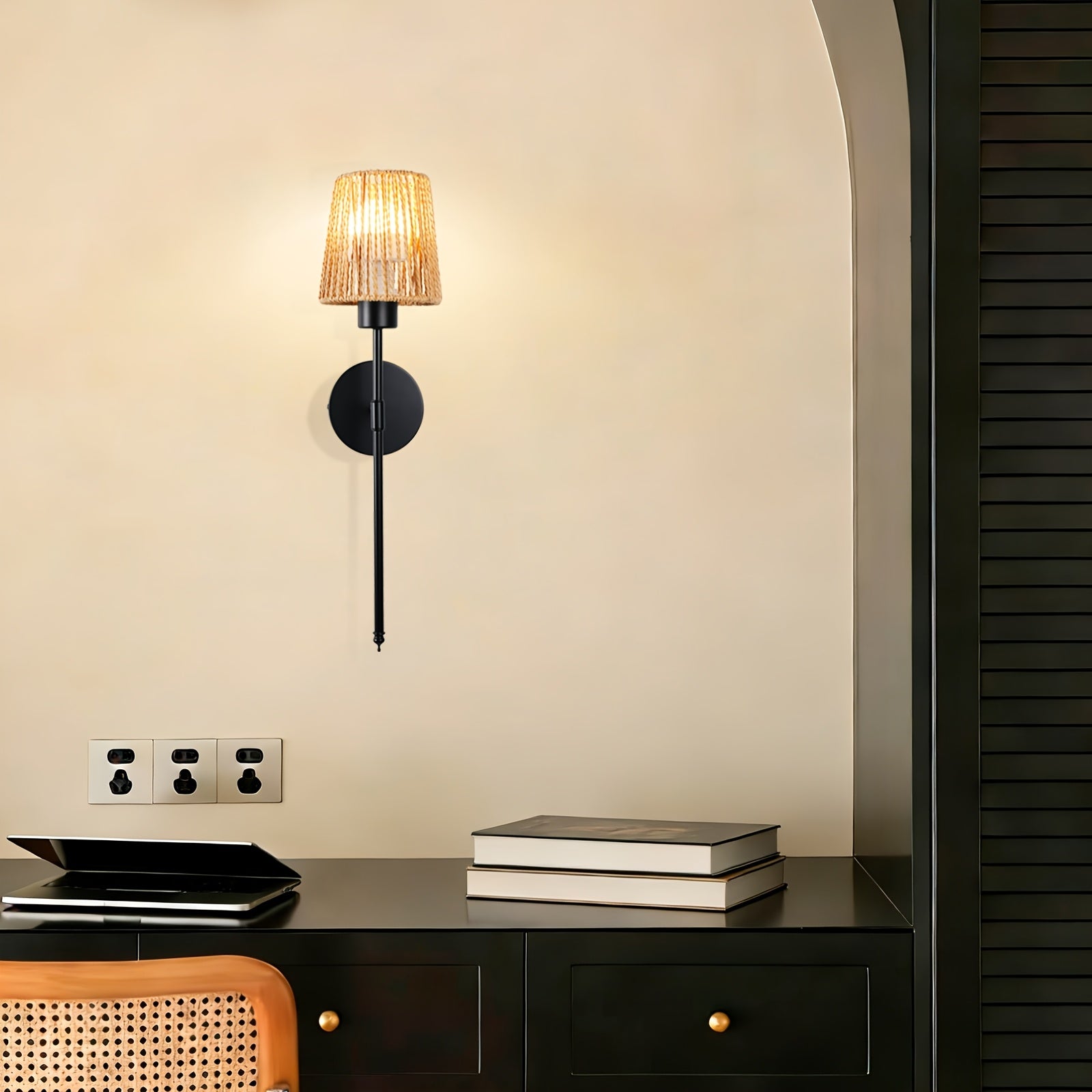 Pair of Battery Operated Wall Lights with Remote Control, Rechargeable Rattan Design, Includes Bulbs and Charging Cable, Wireless Woven Bamboo Lantern, Perfect for Bohemian Style Lighting in Bedroom, Living Room and Hallway