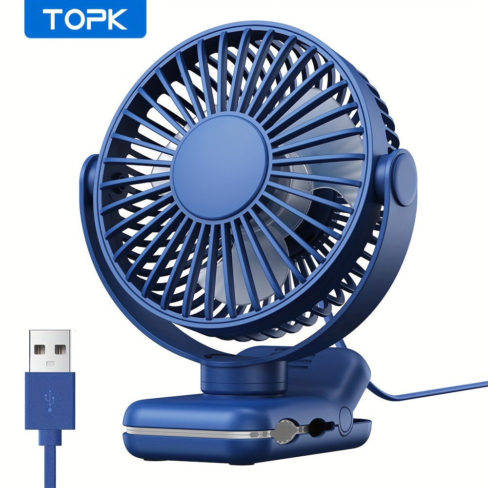TOPK USB Clip On Desktop Fan, Brushless Motor Low Noise Strong Airflow, Firm Clamp Stable Mounting, Stylish Portable Mini Personal Cooling Fan for Bedroom Office/