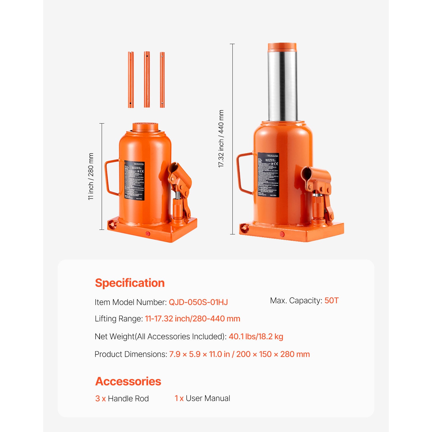 VEVOR Hydraulic Bottle Jack – 20 or 50 Ton Heavy-Duty Lifting Jack, Manual & Pneumatic Dual-Mode High-Lift Jack for Cars, Trucks, SUVs, RVs, Auto Repair Shops