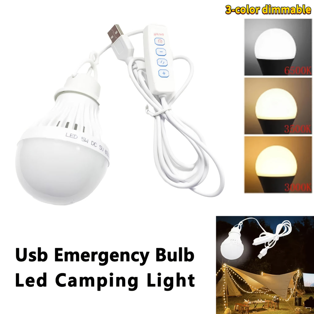 1.5m/59-inch long 5V LED USB bulb, with switch, 3-color dimmable hanging tent light, suitable for camping equipment
