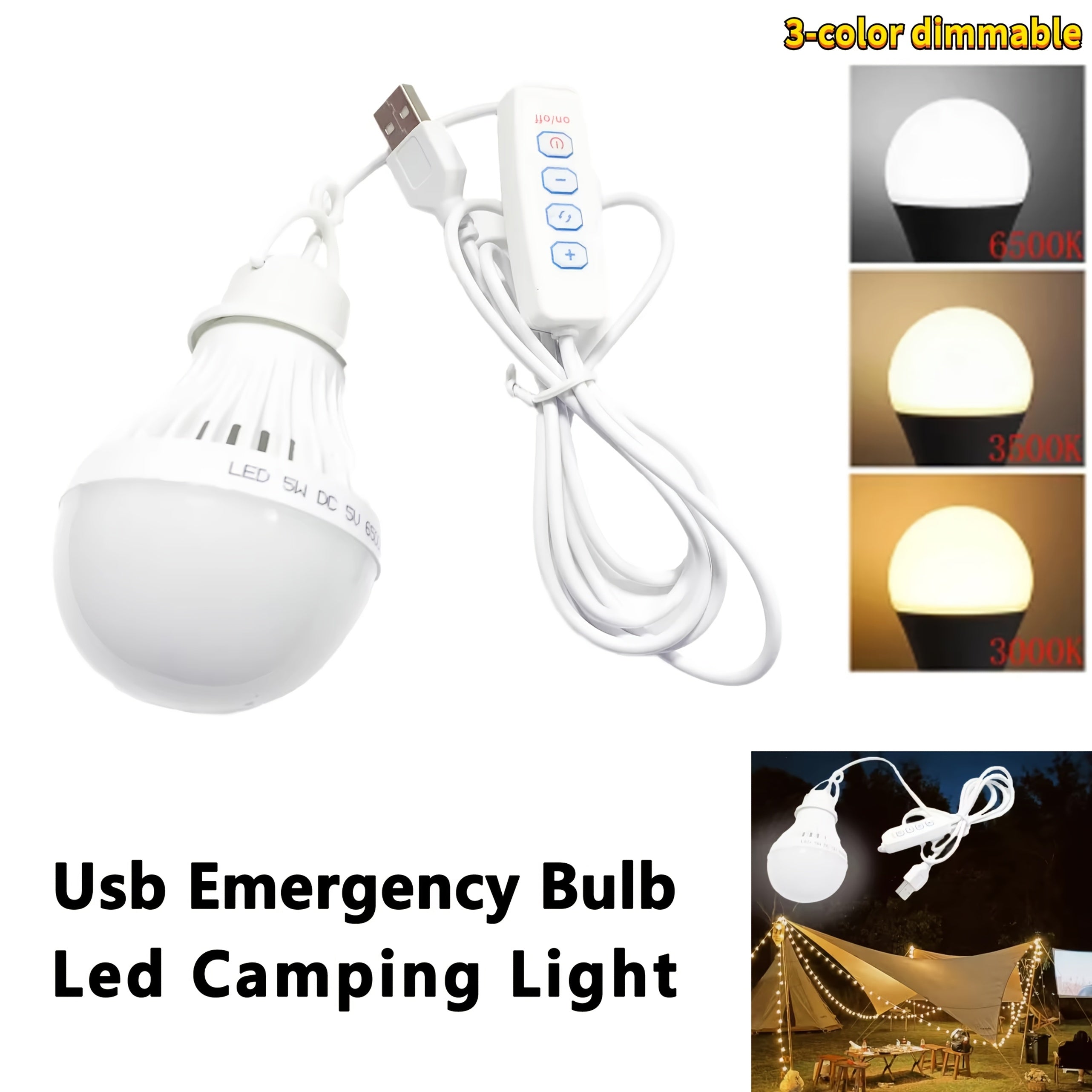 1.5m/59-inch long 5V LED USB bulb, with switch, 3-color dimmable hanging tent light, suitable for camping equipment