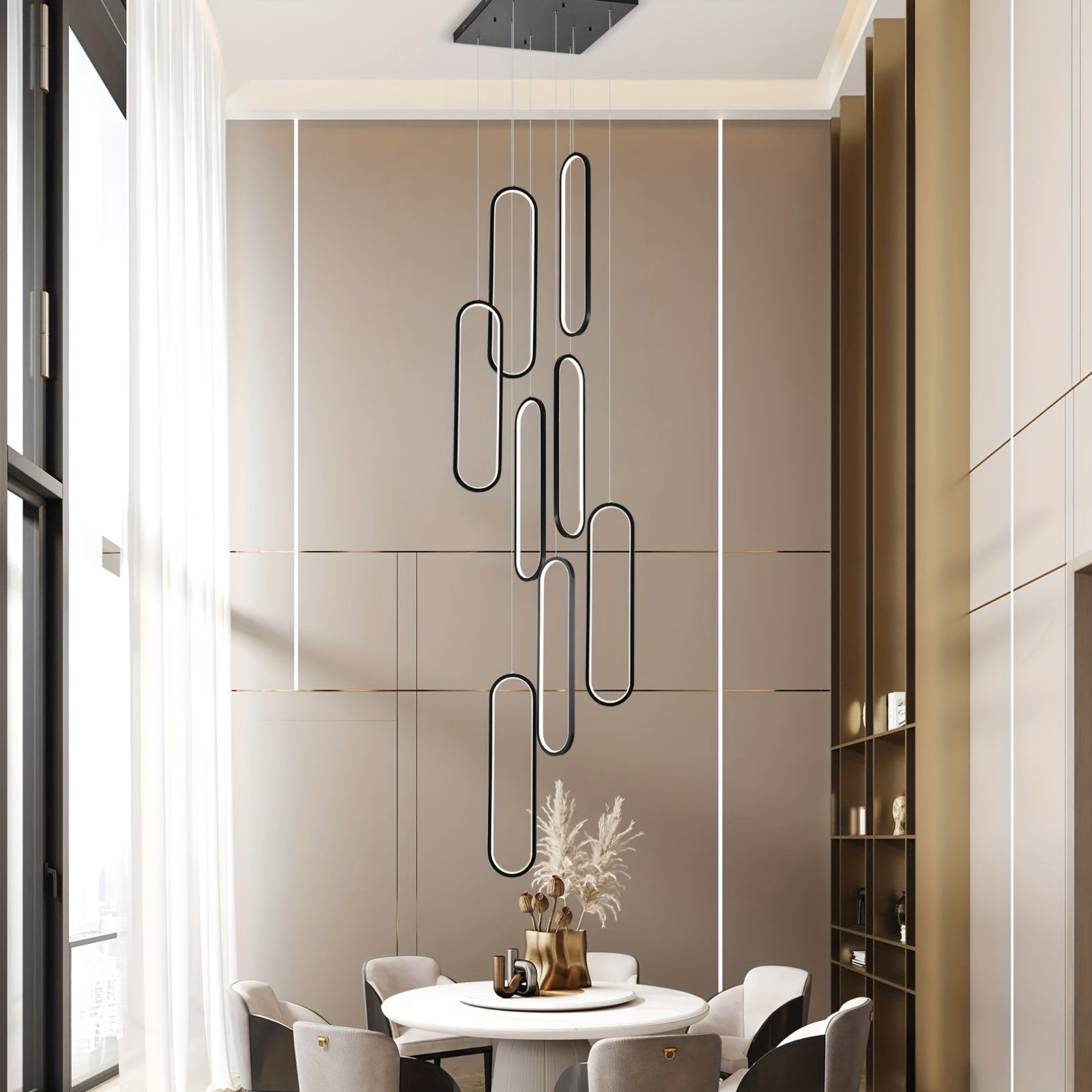 Ganeed modern LED high ceiling pendant light, with remote control - dimmable 8-light chandelier, 3000-6500K adjustable color temperature, polished metal surface, infrared sensor, semi-flush mount installation, suitable for entryway