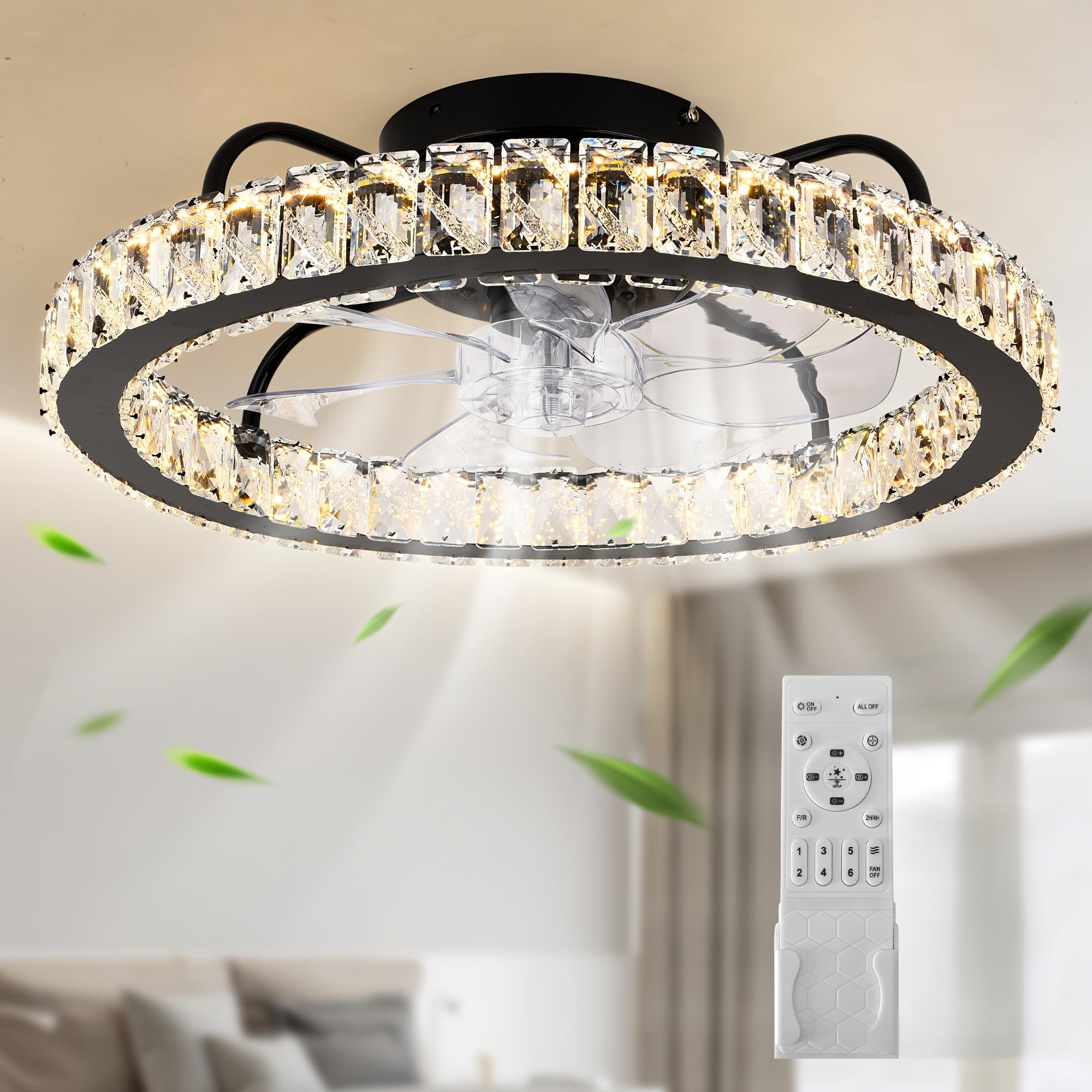 Ganeed Modern Dimmable LED Crystal Ceiling Fan Light, 19.69 Inch Black Round Ceiling Fan with Light and Remote, Bladeless Semi Flush Mount Indoor Fan Fixture for Living Room Kitchen Bedroom