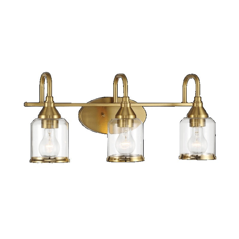 Twilight three-light brushed gold modern vanity light 22"W × 10"H × 7.48"E, with clear glass