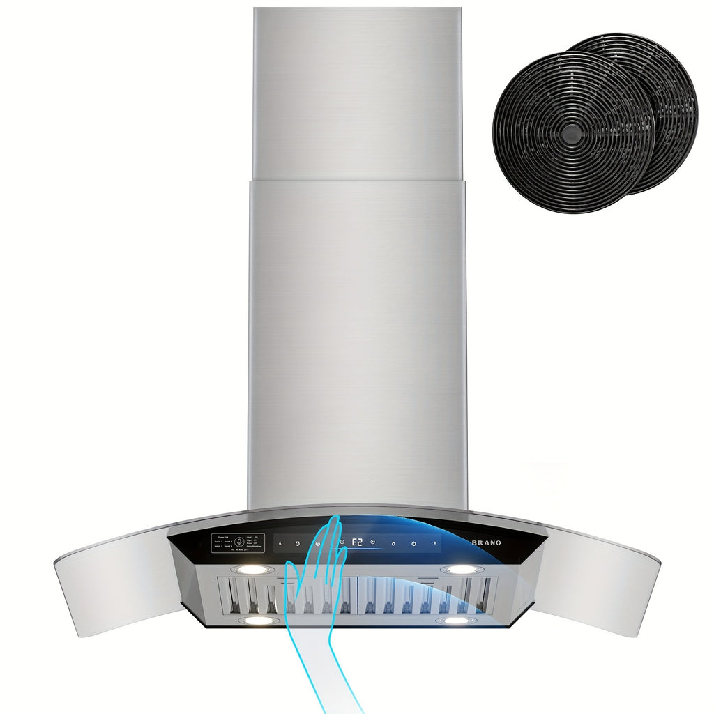36-Inch Island Range Hood, 900CFM Voice/Gesture/Touch Control Ceiling Exhaust Hood, 4-Speed Fan, 4 LED Lights, Memory Mode, Convertible Ducted/Ductless with 2 Charcoal Filters