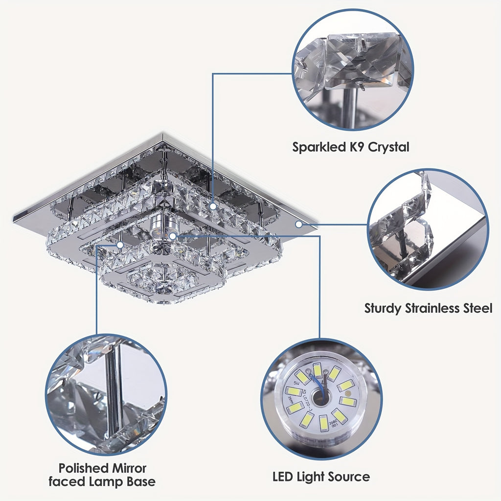 Modern Crystal Chandelier Dimmable Square Ceiling Light - Crystal & Polished Metal Semi-Flush Mount Fixture, Cool White Light Suitable for Bedroom, Living Room, Hallway, Bathroom (Bulb Not Included) - Luxury Crystal Ceiling Light
