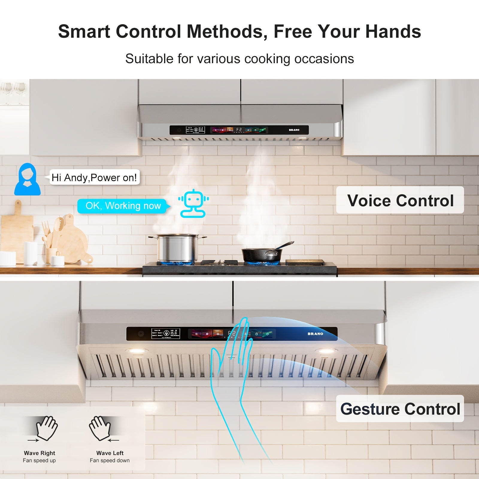 BRANO 30-Inch Built-In Range Hood with Voice/Gesture/Touch Control, 900 CFM High-Performance Exhaust Fan, Stainless Steel Kitchen Ventilation Grille with LED Light, 4-Speed Silent Operation