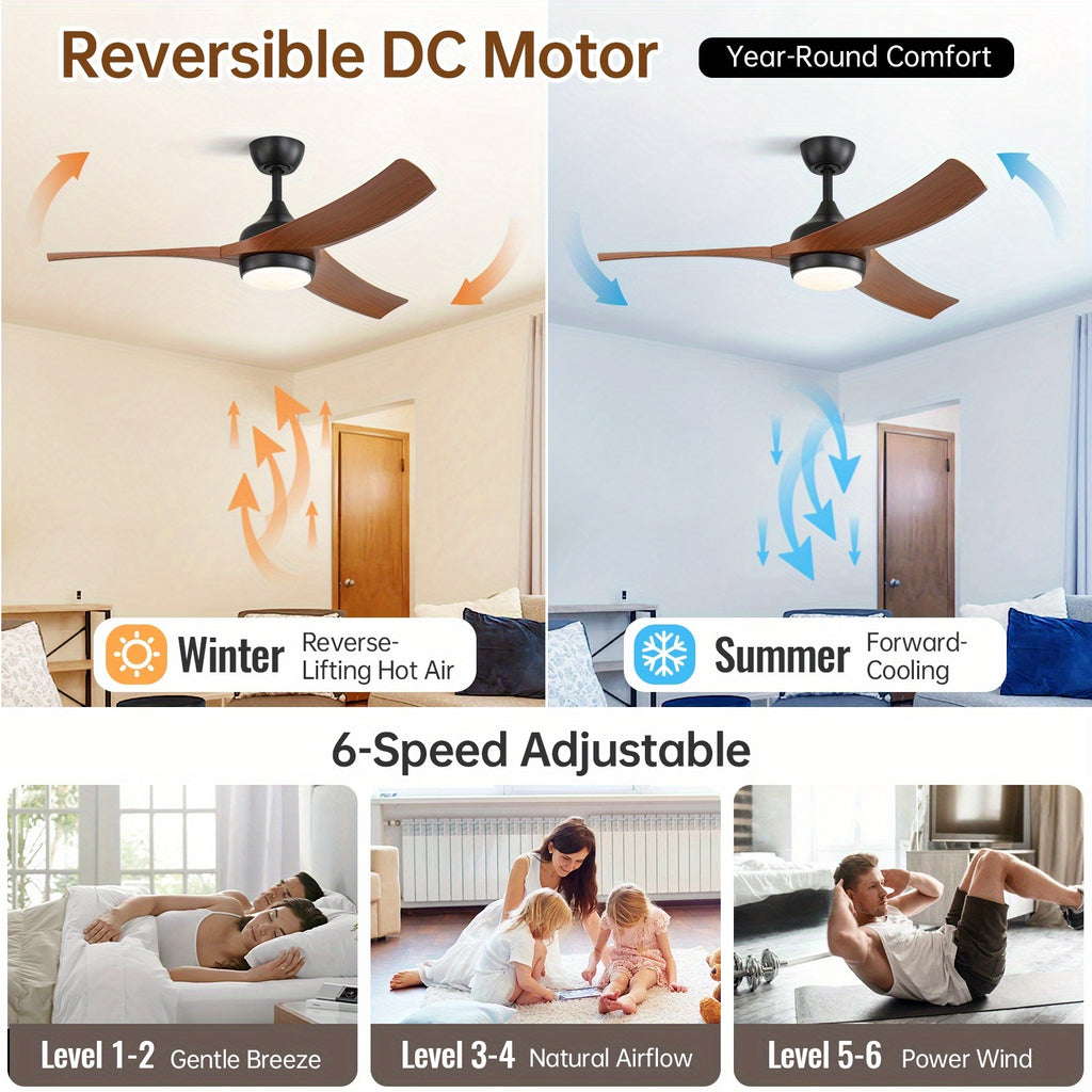 Sofucor Modern Ceiling Fan with Light, 52 Inch, Remote Control, 3 ABS Blades, 3 Color Options, 1/4/8 Hour Timer, 6 Speed Settings, Bright Ceiling Light, for Bedroom, Living Room, Indoor Outdoor