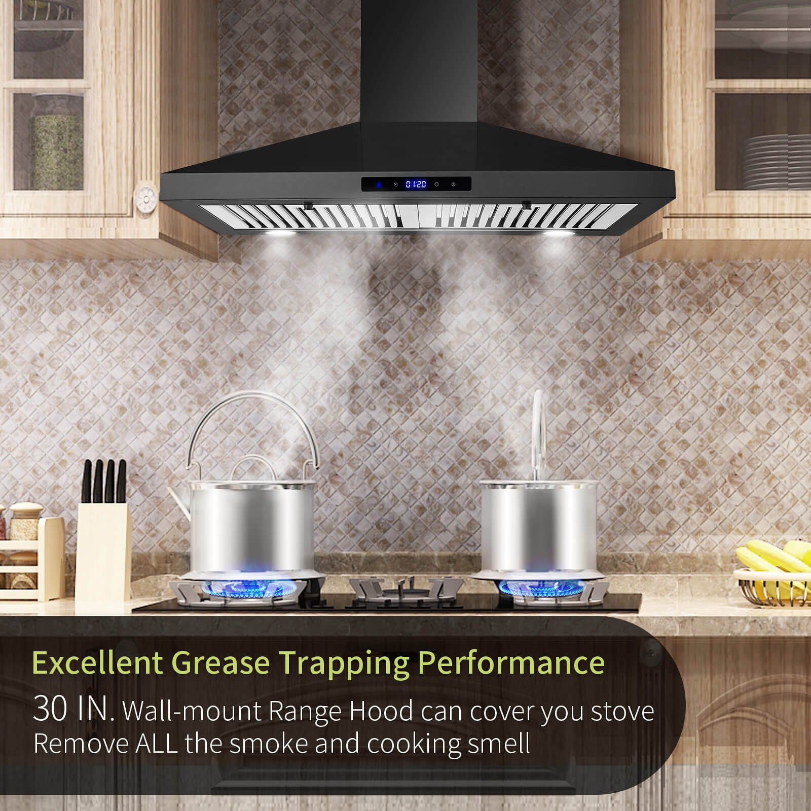 30-Inch Wall-Mounted Range Hood, 450 CFM Ventilation, Touch Control, Stainless Steel Design, LED Lighting, 3-Speed Fan, Available in Black and Silver