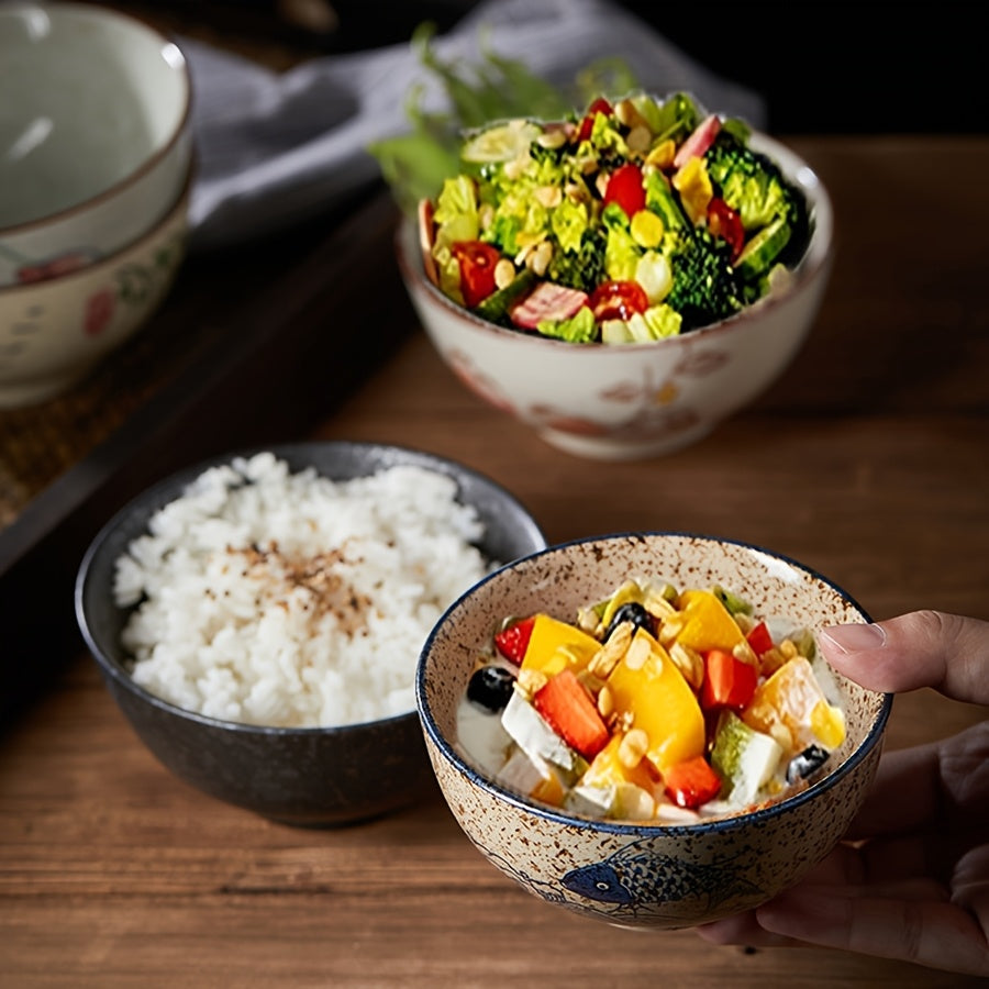 6pcs Vintage Ceramic Cereal Bowls, 4.5-Inch Stackable Chinese Bowls – Small Hand-Painted Dinnerware Set – Perfect for Cereal, Salad, Dessert, Ice Cream, Rice, Noodles – Dishwasher Safe & Microwave Safe